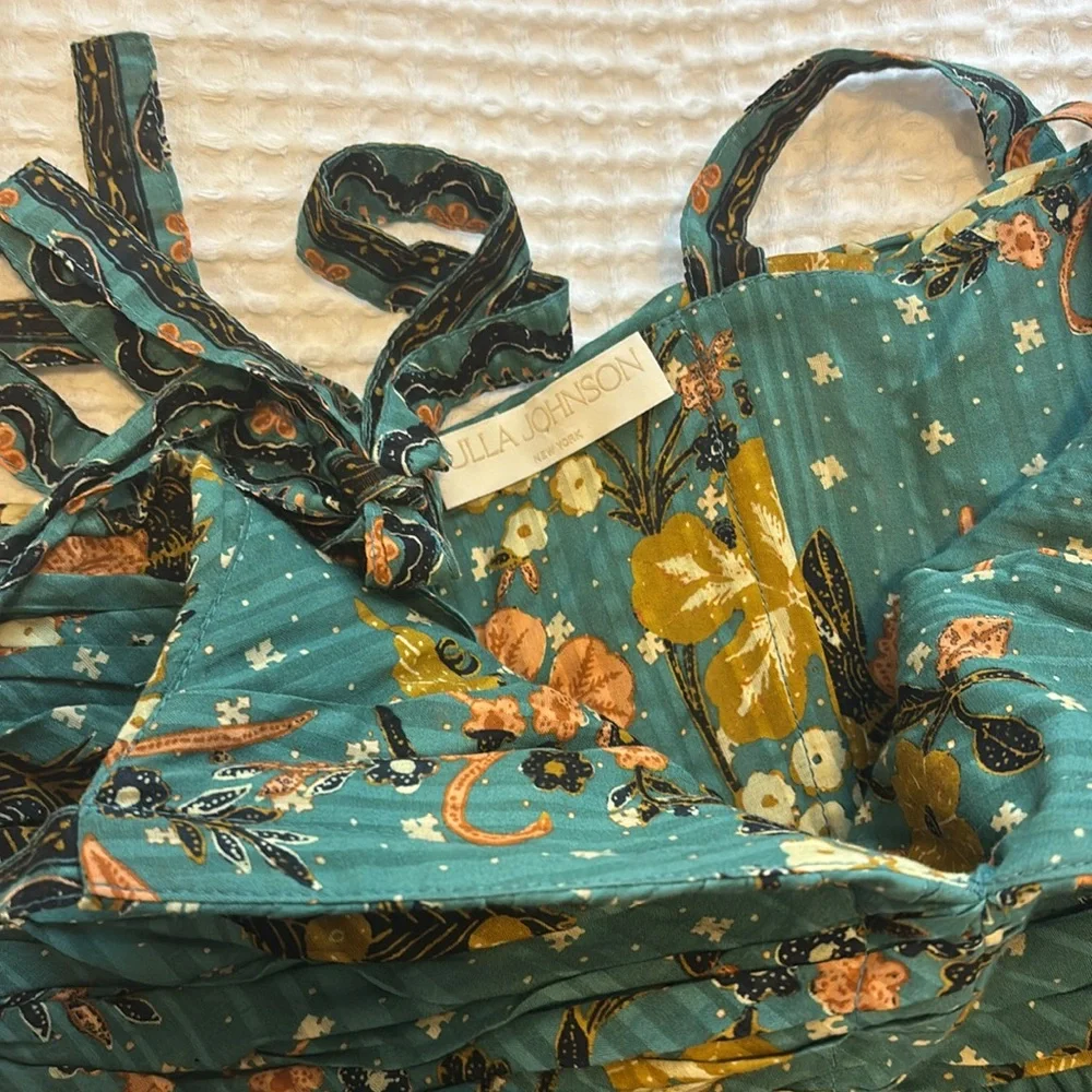 Ulla Johnson Teal Floral Tiered Maxi Dress with Mustard & Brown Trim - Picture 4 of 8